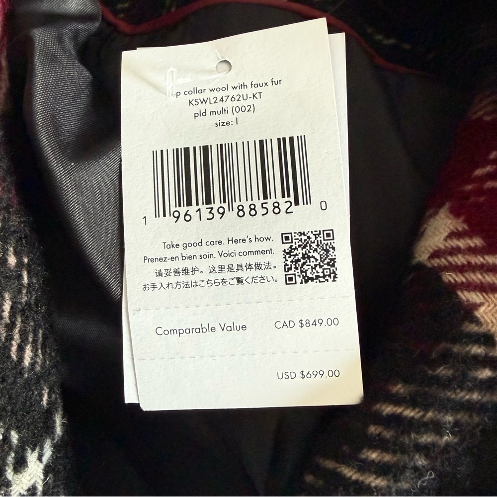 NWT Kate Spade Top Collar Fur Plaid Wool Coat - Picture 6 of 7